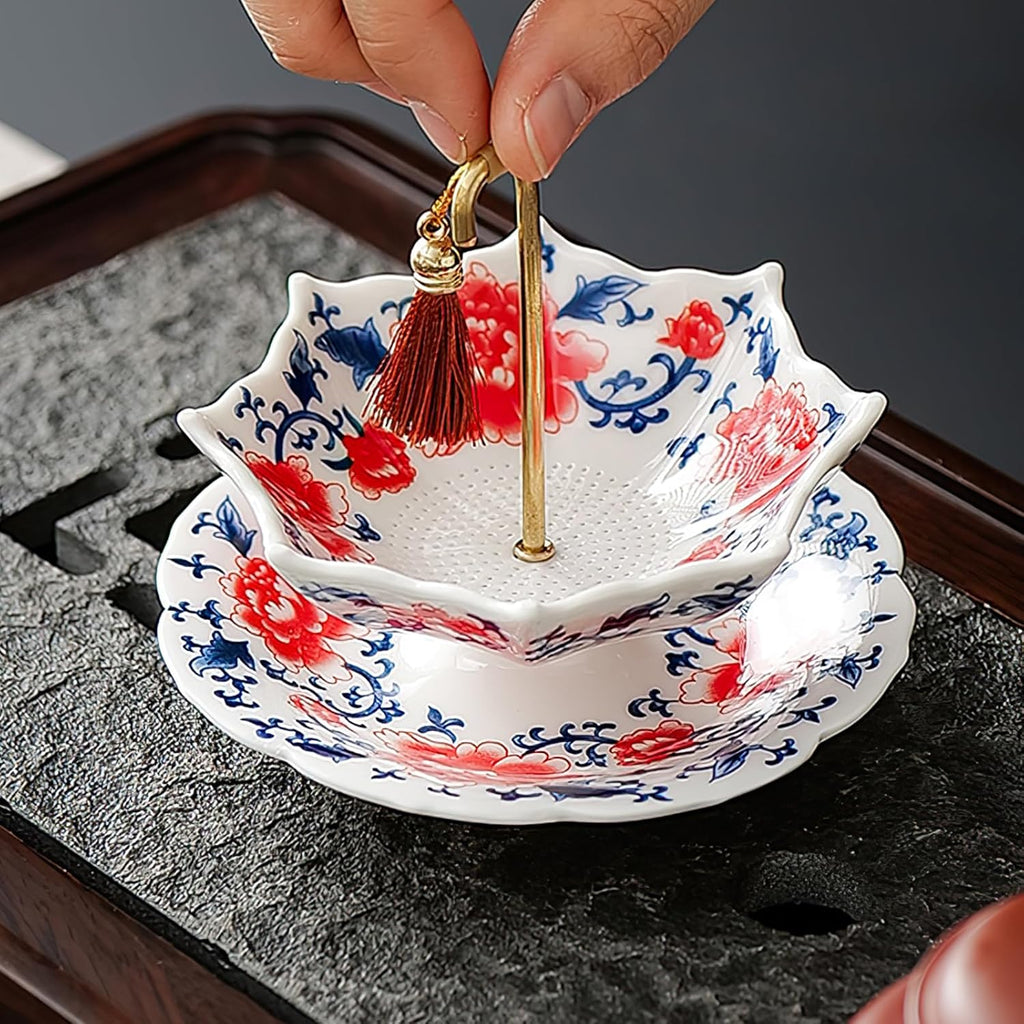 Umbrella Shape Ceramic Tea Strainer - Chinese Blue & White Porcelain Loose Leaf Filter with Rotating Design, Multi-Purpose Tea Infuser for Kung Fu/Coffee/Brewing (Red)