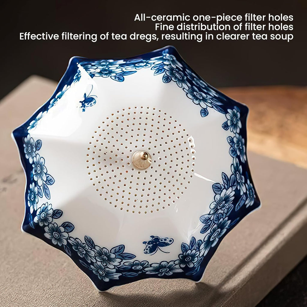 Umbrella Shape Ceramic Tea Strainer - Chinese Blue & White Porcelain Loose Leaf Filter with Rotating Design, Multi-Purpose Tea Infuser for Kung Fu/Coffee/Brewing (Bule)